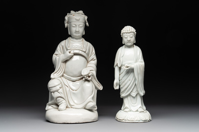 Two Chinese Dehua blanc de Chine Buddha and Wenchang figures, a seal paste covered box, a vase and an iron-red-glazed boy, Qianlong mark, 19/20th C.