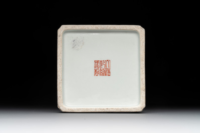 A Chinese famille rose square brush pot and a four-fold table screen with qianjiang cai plaques, Republic, dated 1947