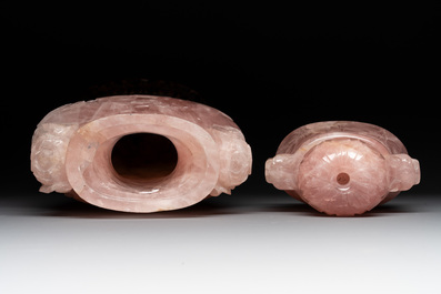 A large Chinese rose quartz vase and cover on a wooden stand, 20th C.