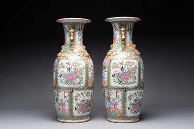 A pair of Chinese Canton famille rose vases with narrative design, 19th C.