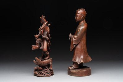 A diverse group of six Chinese lacquered wood and wooden sculptures, 19/20th C.