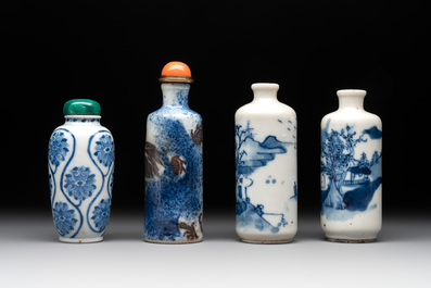 Four Chinese blue, white and copper-red snuff bottles, Yongzheng mark, 19th C.