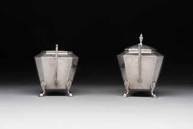 A Chinese silver covered teapot, sugar jar and milk jug with bamboo design, Tackhing 90% silver mark, 20th C.