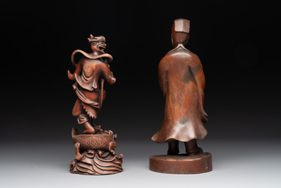 A diverse group of six Chinese lacquered wood and wooden sculptures, 19/20th C.