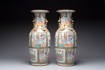 A pair of Chinese Canton famille rose vases with narrative design, 19th C.
