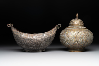 A tinned copper 'kashkul' or begging bowl, a calligraphic bowl and a brass covered jar, Iran, 18/19th C.