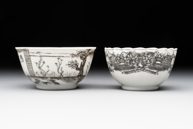 Two Chinese gilt-decorated grisaille 'European subject' cups and saucers, Qianlong