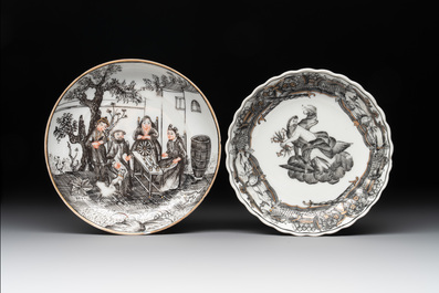 Two Chinese gilt-decorated grisaille 'European subject' cups and saucers, Qianlong