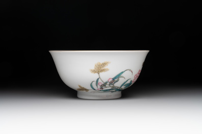 A Chinese famille rose 'geese' bowl, signed Liu Zhongqing 劉仲卿, Jingdezheng mark, 20th C.