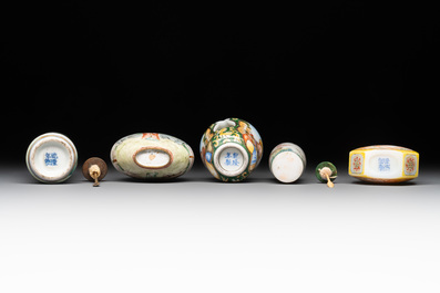 A collection of ten Chinese Canton enamel and porcelain snuff bottles, Qianlong mark, 19/20th C.