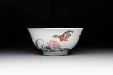 A Chinese famille rose 'geese' bowl, signed Liu Zhongqing 劉仲卿, Jingdezheng mark, 20th C.
