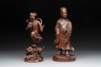 A diverse group of six Chinese lacquered wood and wooden sculptures, 19/20th C.