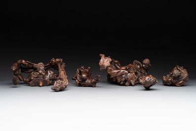 A diverse group of six Chinese lacquered wood and wooden sculptures, 19/20th C.