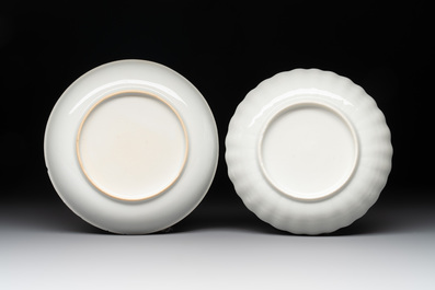 Two Chinese gilt-decorated grisaille 'European subject' cups and saucers, Qianlong