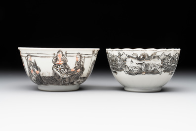 Two Chinese gilt-decorated grisaille 'European subject' cups and saucers, Qianlong