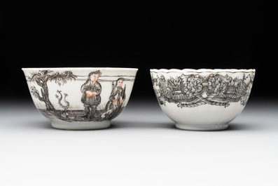 Two Chinese gilt-decorated grisaille 'European subject' cups and saucers, Qianlong