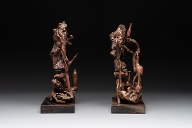 A diverse group of six Chinese lacquered wood and wooden sculptures, 19/20th C.