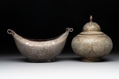 A tinned copper 'kashkul' or begging bowl, a calligraphic bowl and a brass covered jar, Iran, 18/19th C.