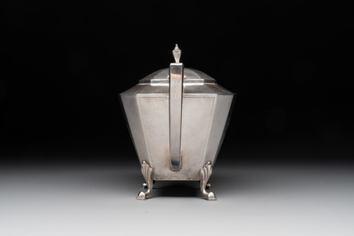 A Chinese silver covered teapot, sugar jar and milk jug with bamboo design, Tackhing 90% silver mark, 20th C.