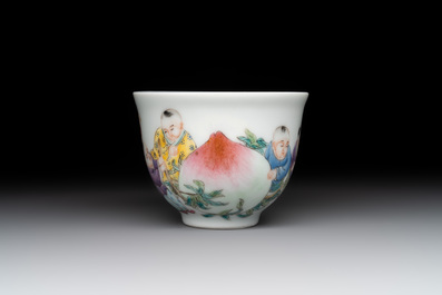 A Chinese famille rose 'boys and peaches' cup, Qianlong mark, Republic