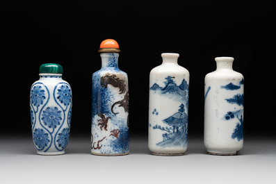 Four Chinese blue, white and copper-red snuff bottles, Yongzheng mark, 19th C.