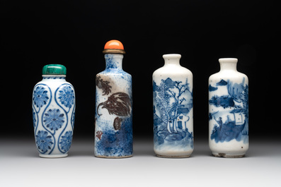 Four Chinese blue, white and copper-red snuff bottles, Yongzheng mark, 19th C.