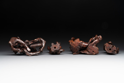 A diverse group of six Chinese lacquered wood and wooden sculptures, 19/20th C.