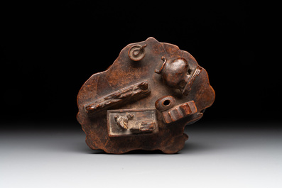 A Chinese agarwood carving of a miniature table with antiquities, 18/19th C.
