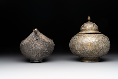 A tinned copper 'kashkul' or begging bowl, a calligraphic bowl and a brass covered jar, Iran, 18/19th C.