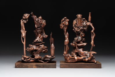 A diverse group of six Chinese lacquered wood and wooden sculptures, 19/20th C.