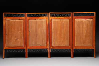 A Chinese famille rose square brush pot and a four-fold table screen with qianjiang cai plaques, Republic, dated 1947