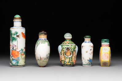 A collection of ten Chinese Canton enamel and porcelain snuff bottles, Qianlong mark, 19/20th C.