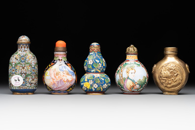 A collection of ten Chinese Canton enamel and porcelain snuff bottles, Qianlong mark, 19/20th C.