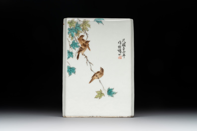 A Chinese famille rose square brush pot and a four-fold table screen with qianjiang cai plaques, Republic, dated 1947