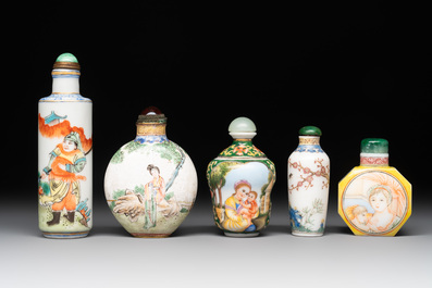 A collection of ten Chinese Canton enamel and porcelain snuff bottles, Qianlong mark, 19/20th C.