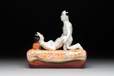 A Chinese famille rose 'erotic' group, You Lin Ji Zao 游林記造 mark, 20th C.