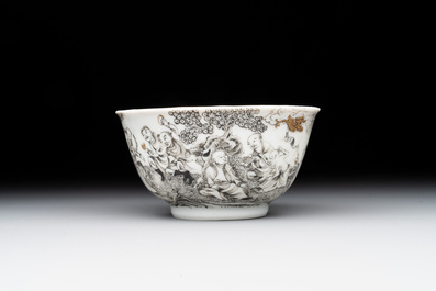 A fine Chinese grisaille and gilt '18 Luohan' cup and saucer, Yongzheng