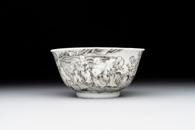 A fine Chinese grisaille and gilt '18 Luohan' cup and saucer, Yongzheng