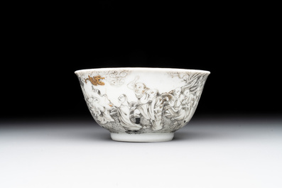 A fine Chinese grisaille and gilt '18 Luohan' cup and saucer, Yongzheng