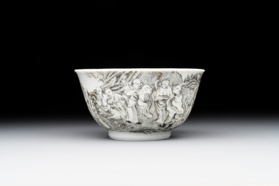 A fine Chinese grisaille and gilt '18 Luohan' cup and saucer, Yongzheng