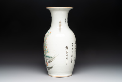 A Chinese qianjiang cai vase with figures in a garden and two hat stands, 19/20th C.