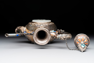 A Chinese jade-inset and hardstone-inlaid silver ewer and cover in Mongolian style, 19th C.