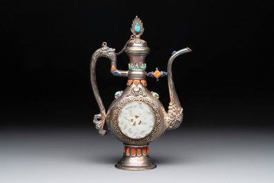 A Chinese jade-inset and hardstone-inlaid silver ewer and cover in Mongolian style, 19th C.
