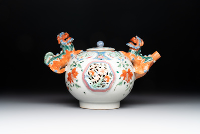 A rare Chinese famille rose double-walled 'Buddhist lions' teapot and cover, Qianlong