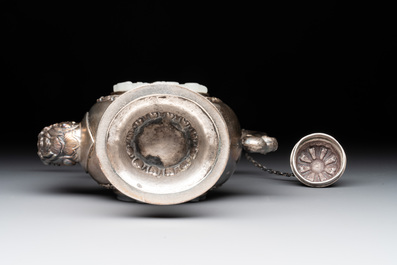 A Chinese jade-inset and hardstone-inlaid silver ewer and cover in Mongolian style, 19th C.