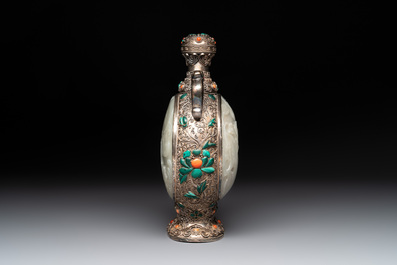A Chinese jade-inset and hardstone-inlaid silver moonflask and cover in Mongolian style, 19th C.