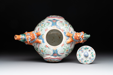 A rare Chinese famille rose double-walled 'Buddhist lions' teapot and cover, Qianlong