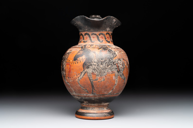 A Greek terracotta 'Oenochoe' vase with Hephaestus and Silenus, Roman era