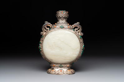 A Chinese jade-inset and hardstone-inlaid silver moonflask and cover in Mongolian style, 19th C.