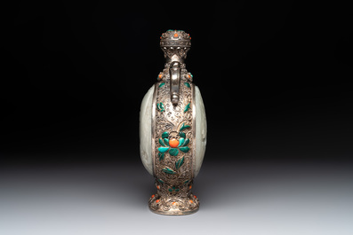 A Chinese jade-inset and hardstone-inlaid silver moonflask and cover in Mongolian style, 19th C.